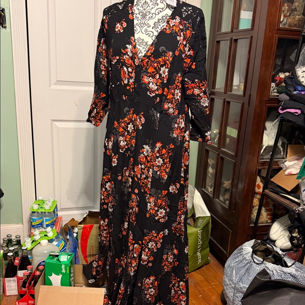 Torrid Black and Red Floral Long Sleeve Dress